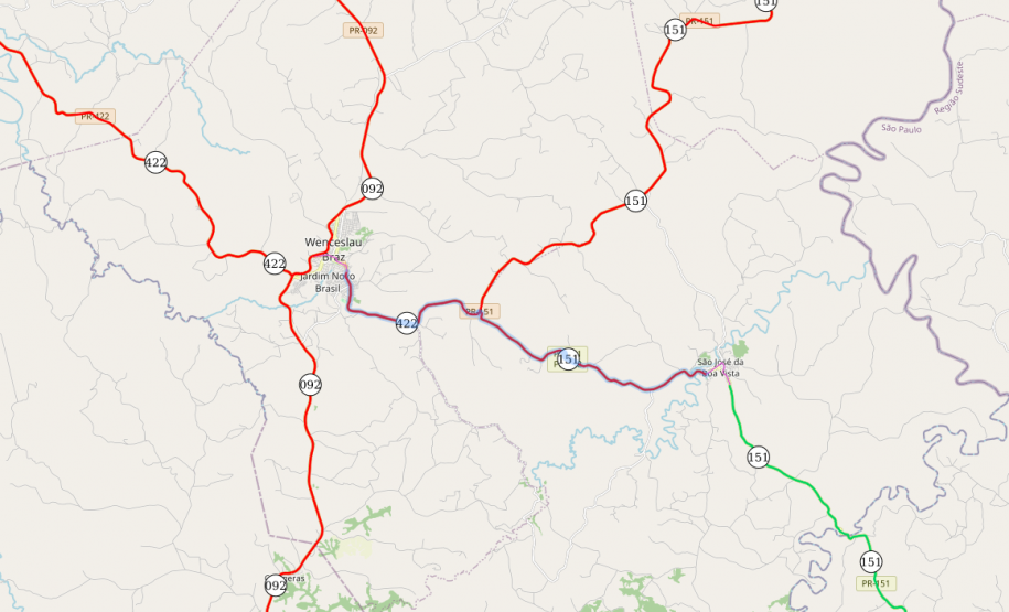 Mapa PR-422 e PR-151 entre Wenceslau Braz e São José da Boa Vista