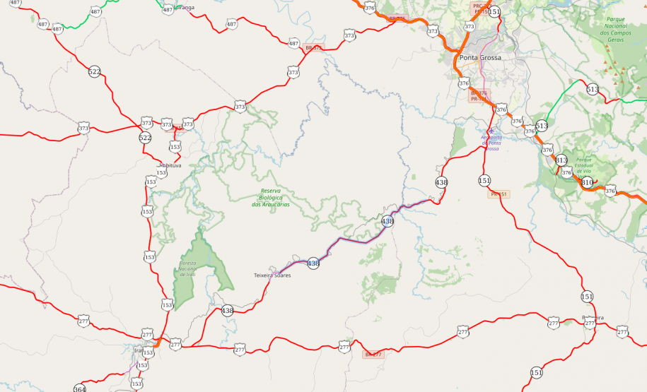 Mapa da PR-438 entre Teixeira Soares e Guaragi