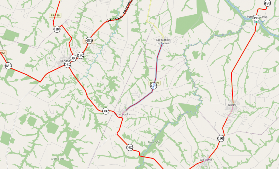 Mapa da PR-479 entre São Manoel do Paraná e Indianópolis