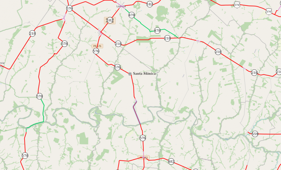 Mapa da PR-576 entre Aparecida do Ivaí e o Rio Ivaí