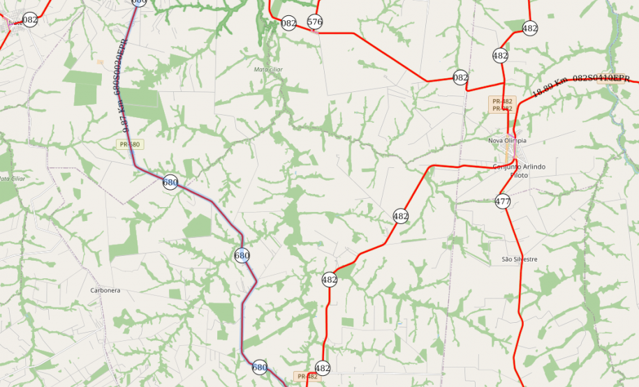 Mapa da PR-680 entre Douradina e Maria Helena