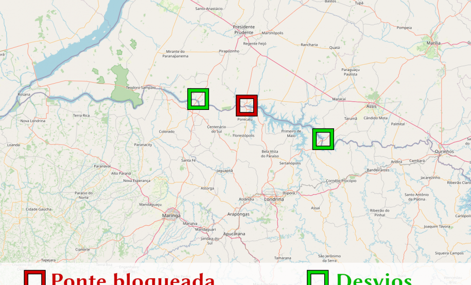 Mapa com bloqueio e desvios sugeridos