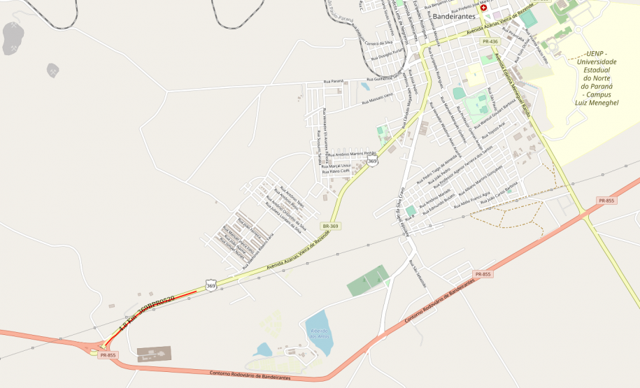 Mapa destacando o trecho bloqueado