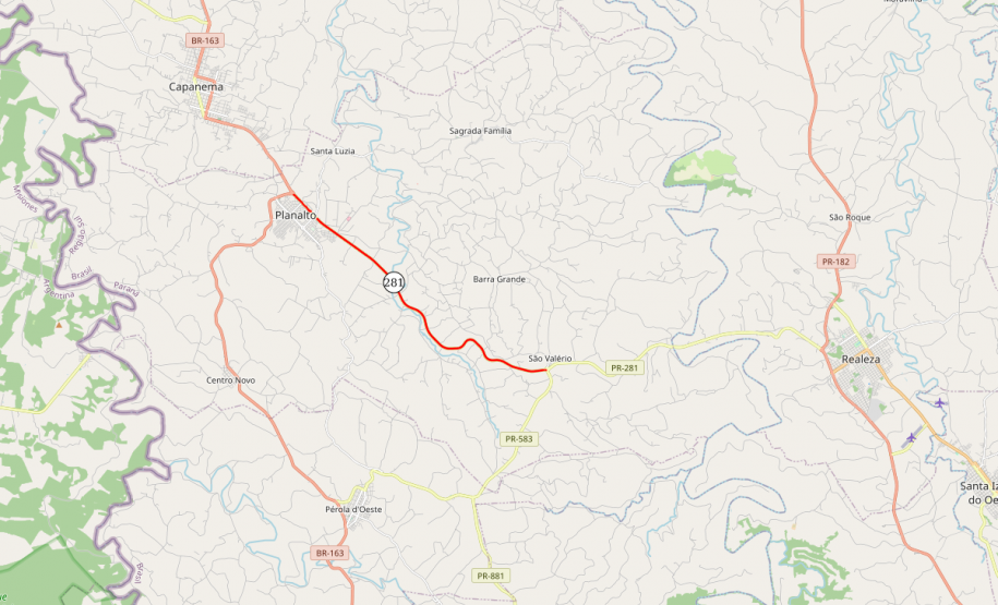 PR-281 Planalto a São Valério mapa