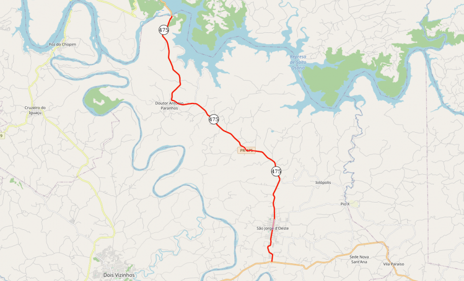 Mapa da PR-475 entre Usina Salto Osório e São Jorge d'Oeste