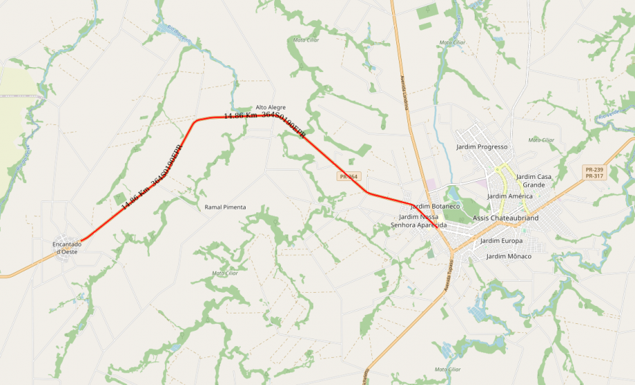 Mapa de trecho da PR-364 em Assis Chateaubriand