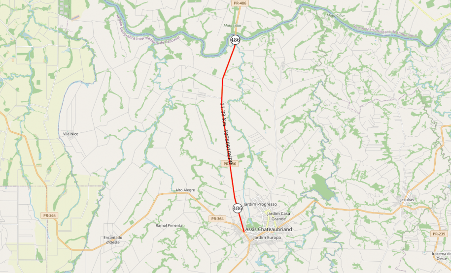 Mapa da PR-486 entre Assis Chateaubriand e o Rio Piquiri