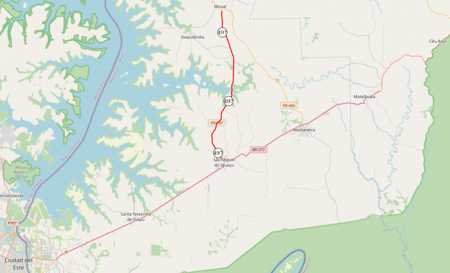 Mapa da PR-497 entre Missal e São Miguel do Iguaçu
