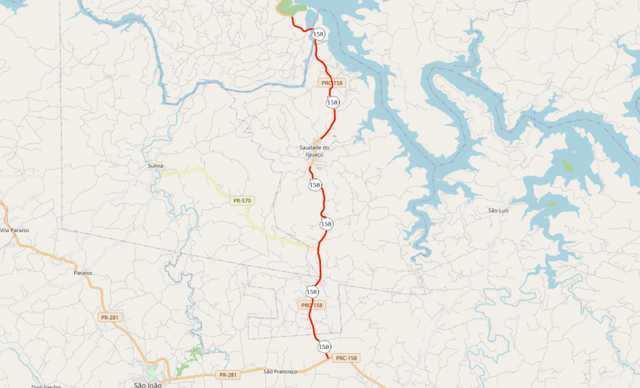 Mapa indicando o trecho da PRC-158 em Saudade do Iguaçu