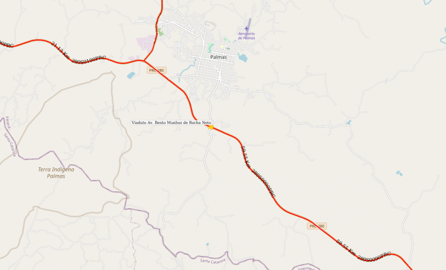 Mapa indicando a localização do viaduto de Palmas