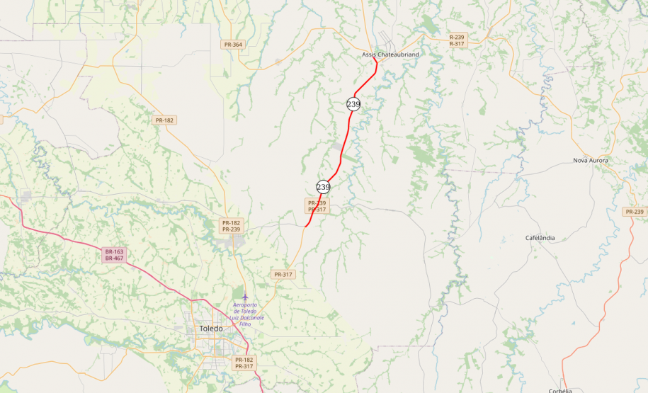 Mapa da PR-239 entre Assis Chateaubriand e Bragantina