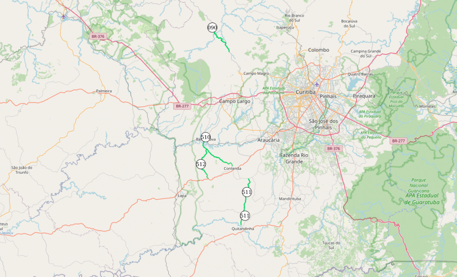 Mapa indicando os trechos contemplados