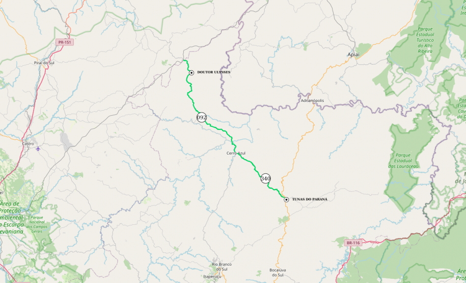 Mapa dos trechos contemplados no Vale do Ribeira