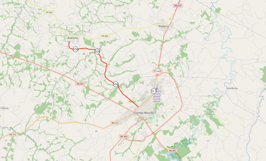 Mapa indicando trecho da PR-558 entre Campo Mourão e Araruna
