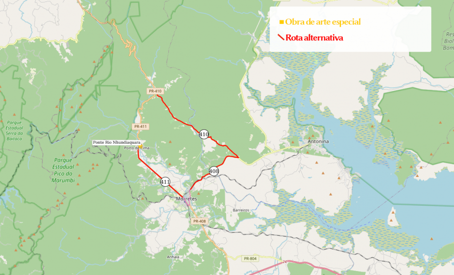 Mapa indicando a ponte e desvio