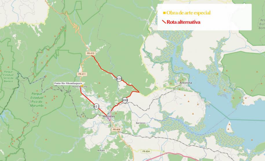Mapa indicando desvios durante as obras