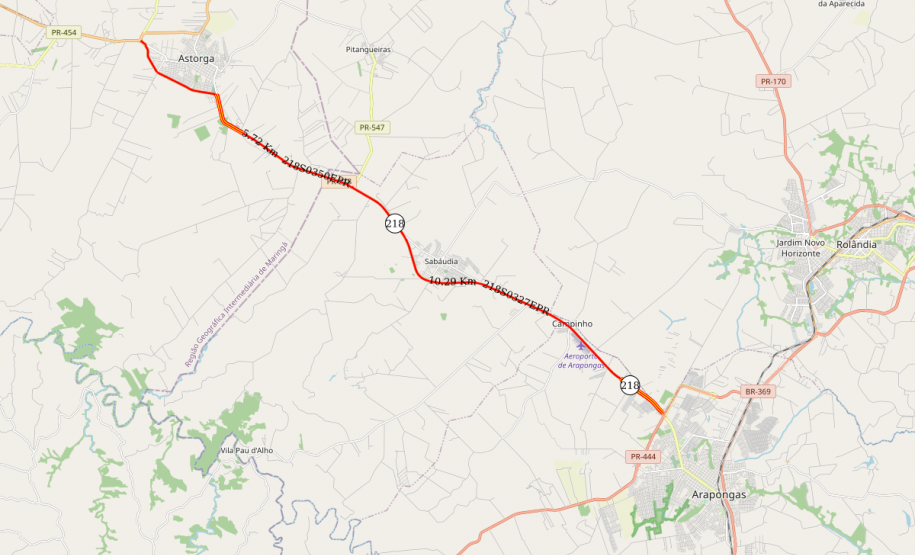 Mapa do trecho da PR-218 entre Arapongas e Astorga