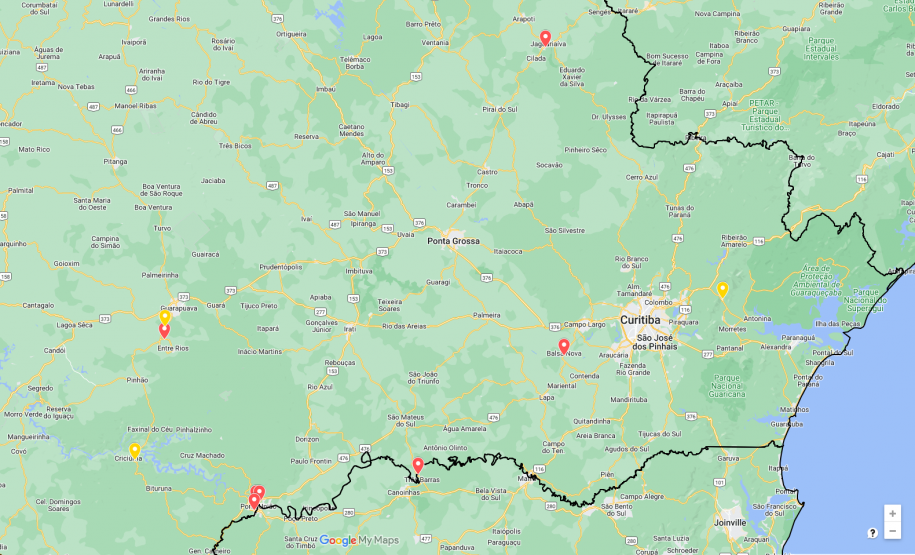 Mapa indicando pontos de bloqueio