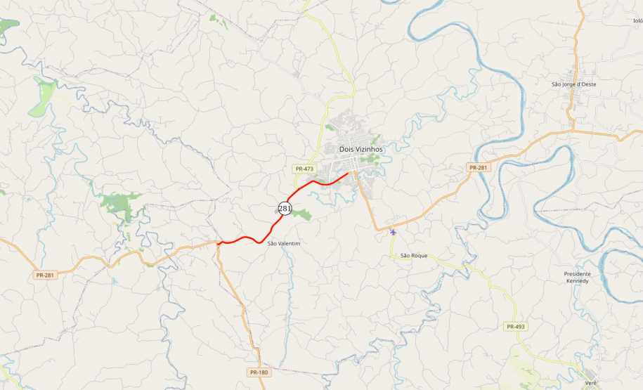 Mapa indicando trecho atendido da PR-281 em Dois Vizinhos