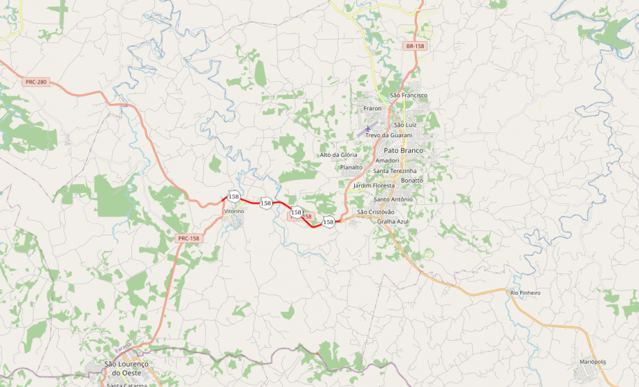 Mapa indicando o trecho da PRC-158 entre Pato Branco e Vitorino
