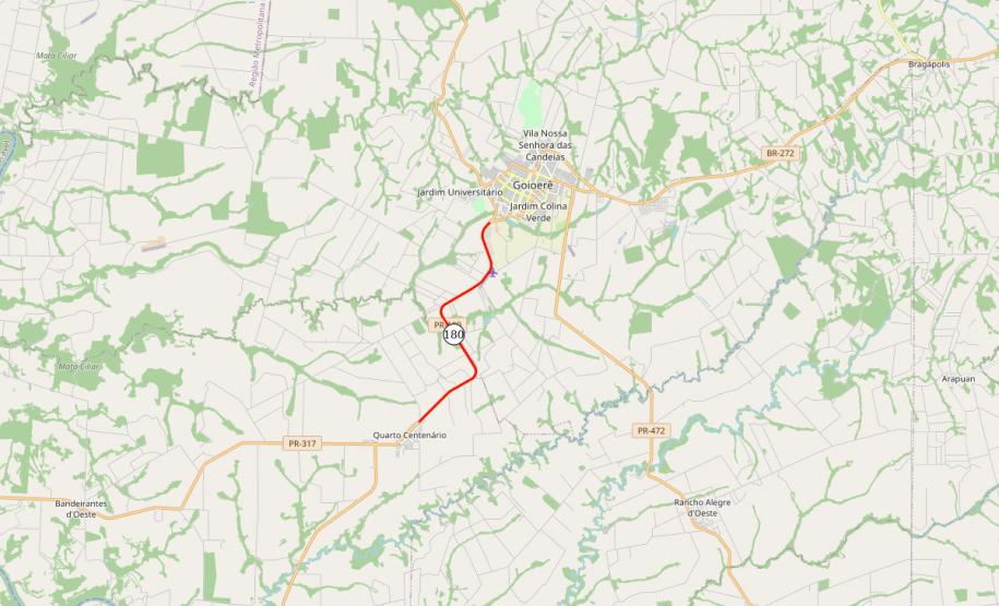 Mapa da PR-180 entre Goioerê e Quarto Centenário