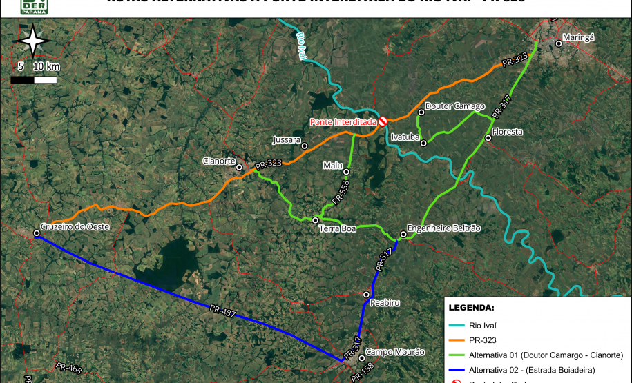 Croqui indicando rotas alternativas durante o bloqueio da ponte