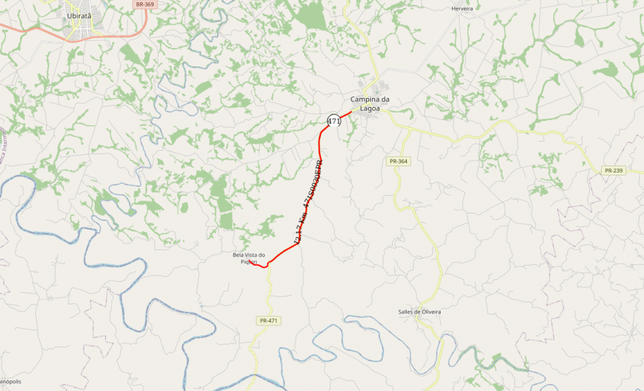 Mapa indicando os trechos da PR-471 e PR-920 que serão atendidos