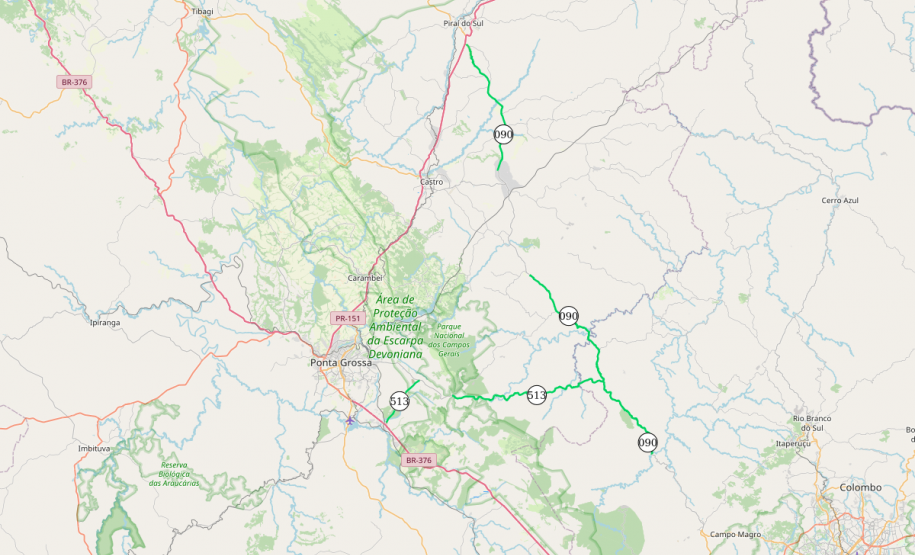 Mapa de trechos não pavimentados da PR-090 e PR-513