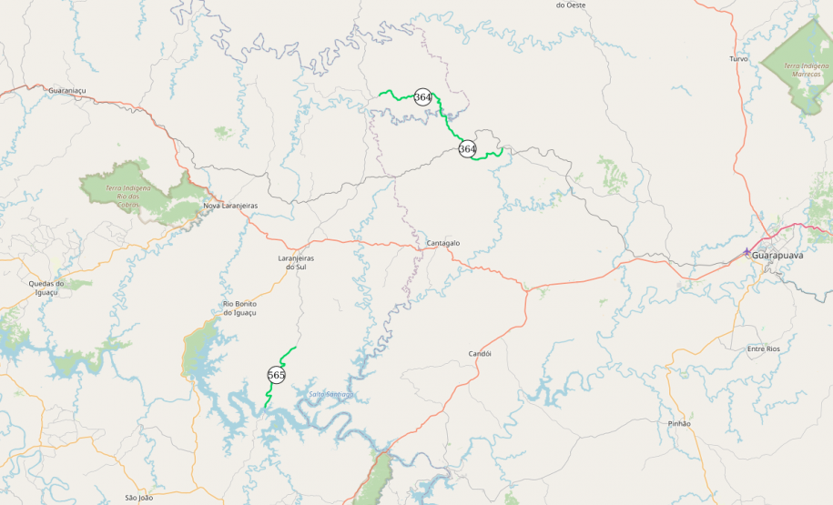 Mapa de trechos não pavimentados da PR-364 e PR-565