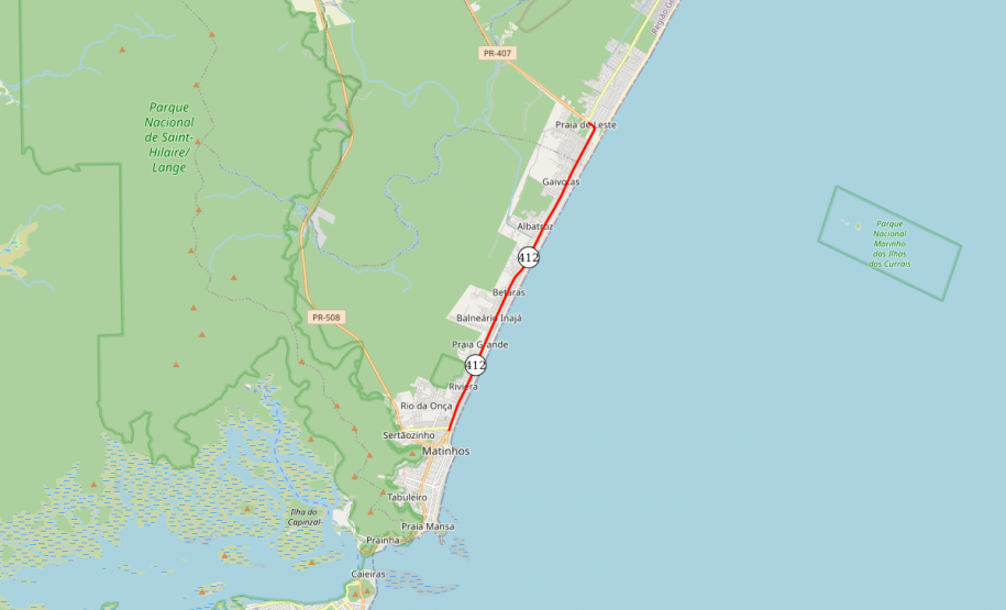 PR-412 entre Matinhos e Praia de Leste - mapa do trecho