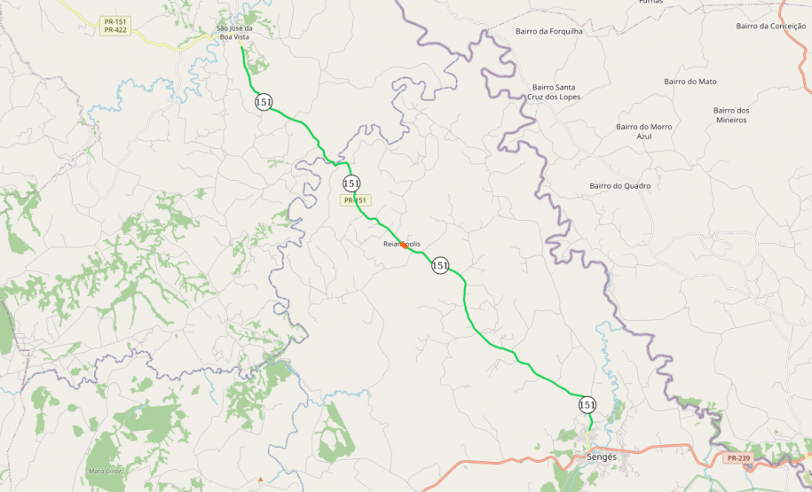 Mapa indicando trecho da PR-151 entre Sengés e São José da Boa Vista
