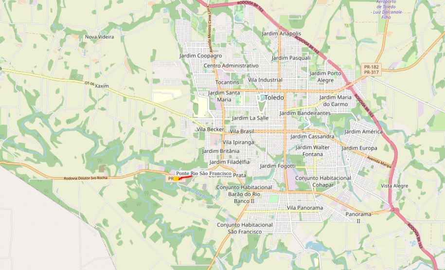 Mapa indicando trecho atendido da PR-317 em Toledo