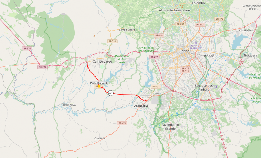 Mapa indicando a ponte sobre o Rio Verde, na PR-423, limite entre Campo Largo e Araucária