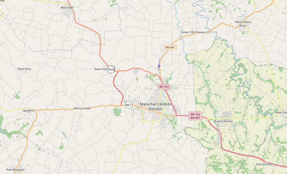 Mapa indicando o Contorno Oeste de Marechal Cândido Rondon