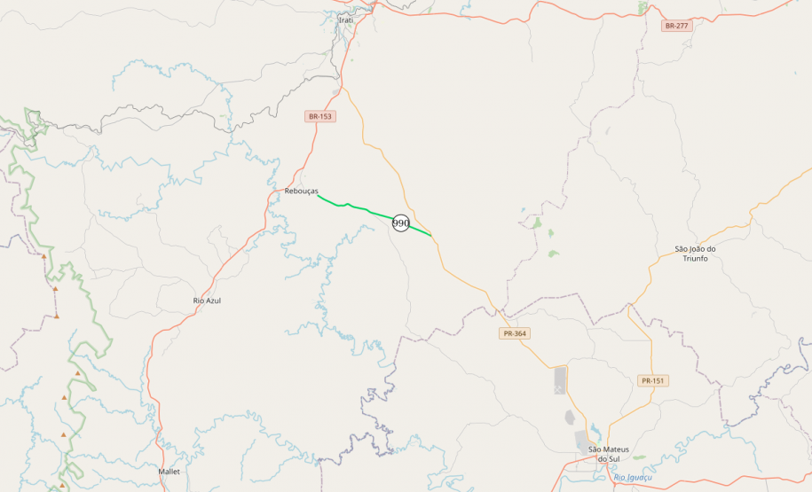 Mapa indicando o trecho da PR-990 em Rebouças que será pavimentado