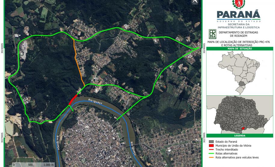 Mapa indicando rotas alternativas à PRC-476