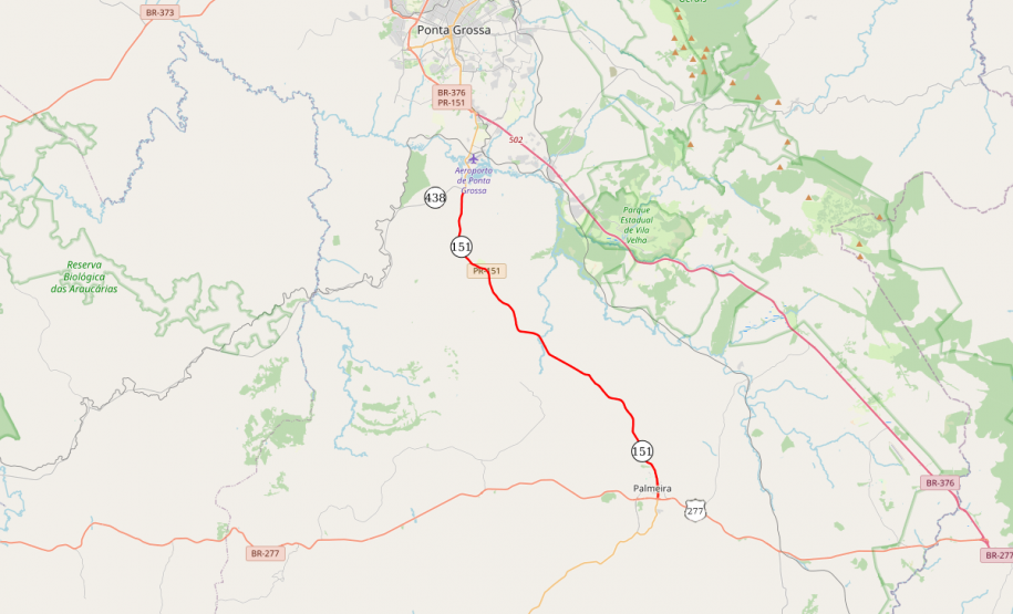 Mapa indicando trecho da PR-151 contemplado na obra de restauração e ampliação da capacidade