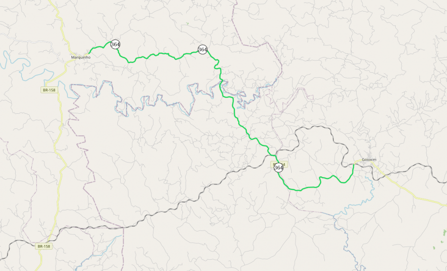 Mapa indicando trecho da PR-364 atendido entre Goioxim e Marquinho