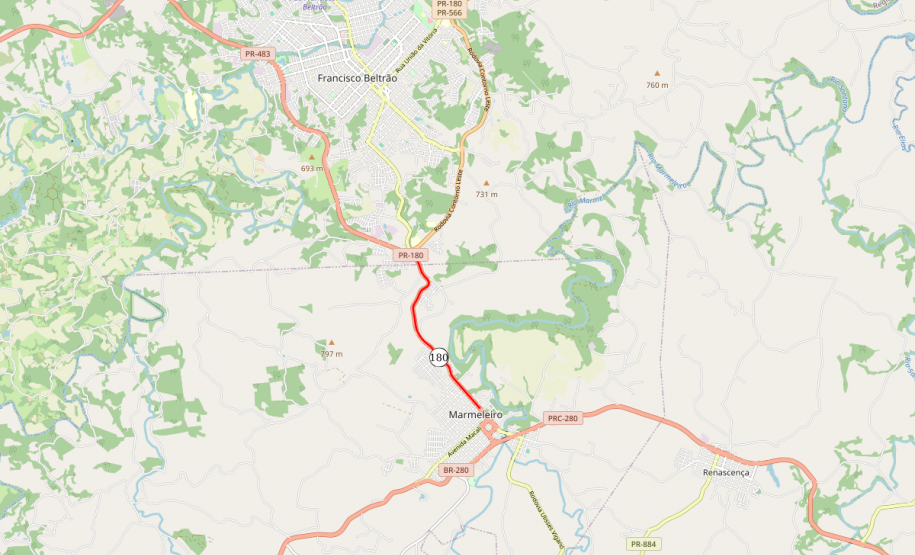 Mapa indicando trecho da PR-180 que receberá as melhorias