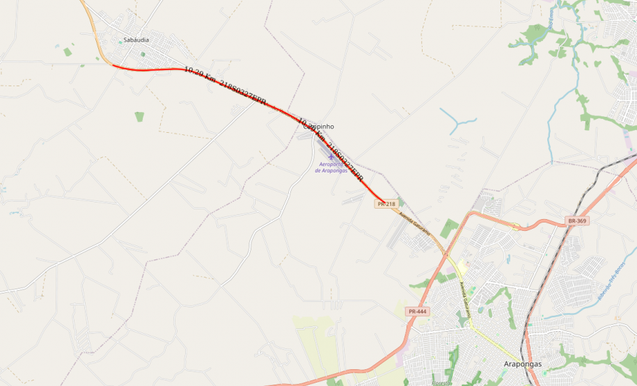 Mapa indicando trecho da PR-218 entre Arapongas e Sabáudia