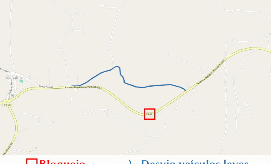 Mapa indicando local do bloqueio e sugestão de desvio para veículos leves