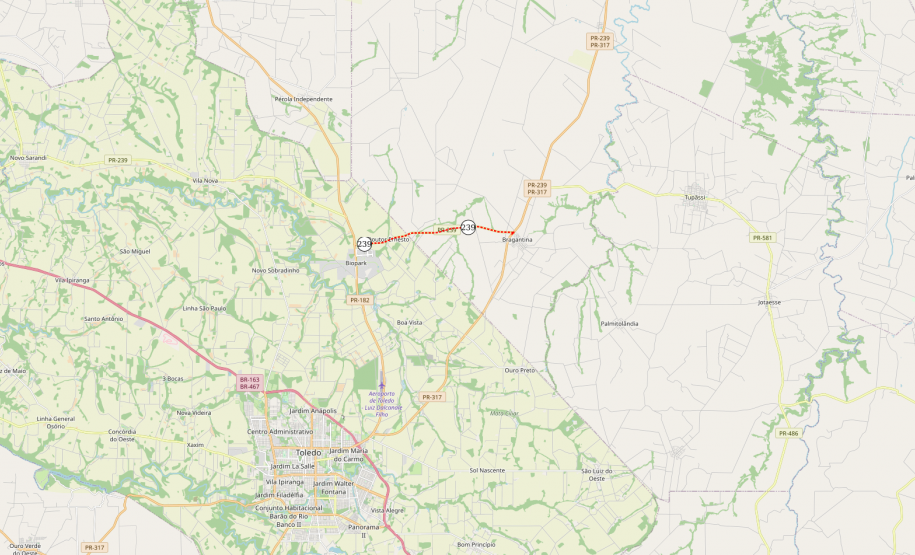 Mapa indicando trecho em obras da PR-239 entre Toledo e Bragantina (distrito de Assis Chateaubriand)