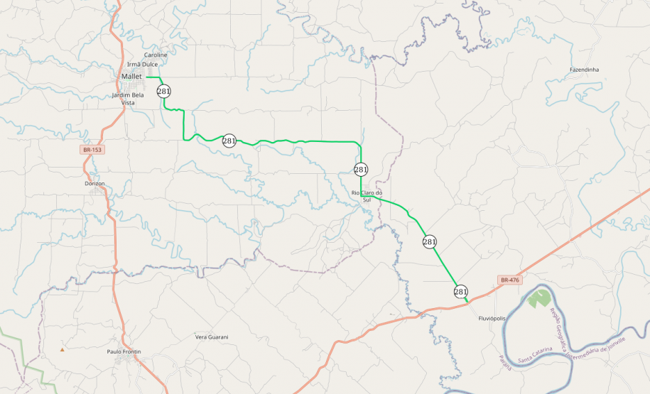 Mapa indicando trecho contemplado da PR-281