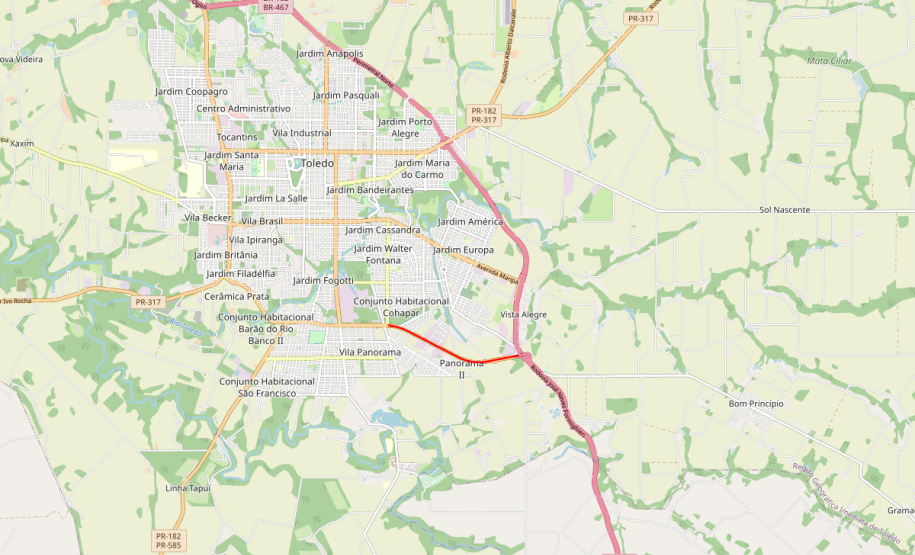 Mapa indicando trecho da PR-317 em Toledo com obras