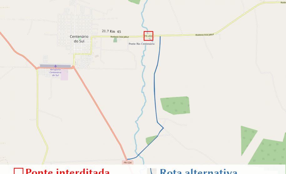 Mapa indicando o bloqueio e rota alternativa