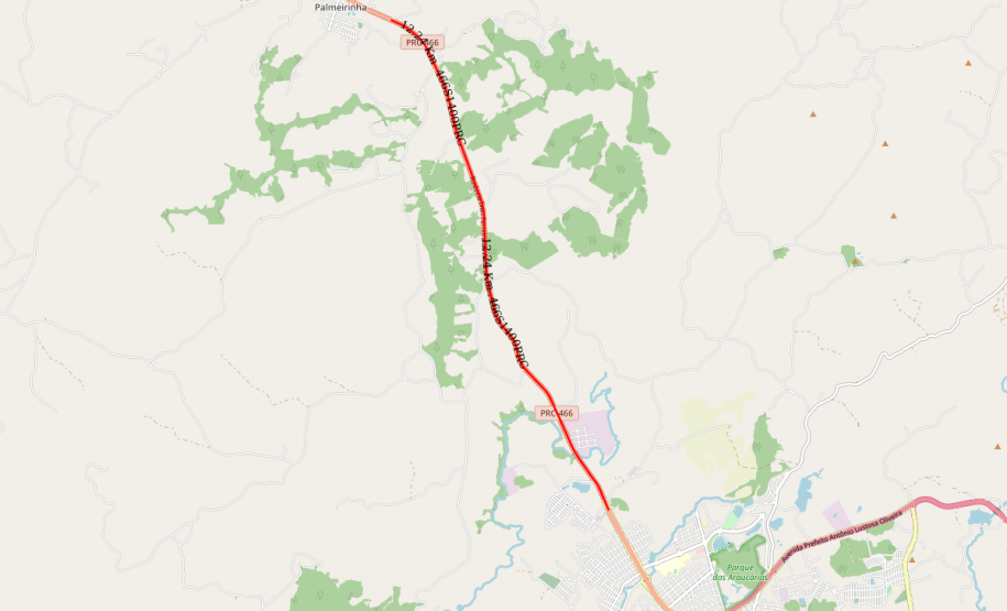 Mapa indicando local da obra de duplicação da PRC-466 entre Guarapuava e Palmeirinha