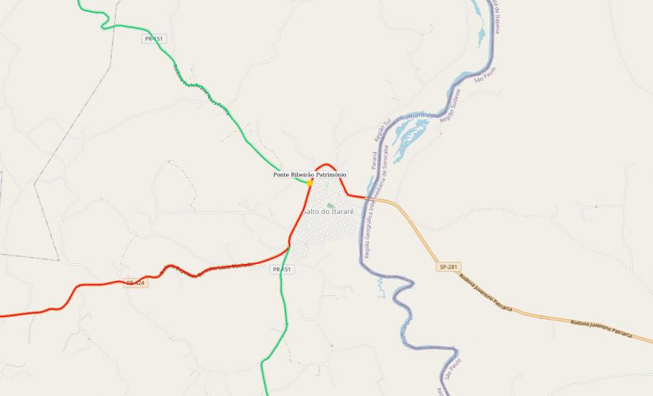 Mapa indicando localização da ponte sobre o Ribeirão Patrimônio na PR-151 em Salto do Itararé