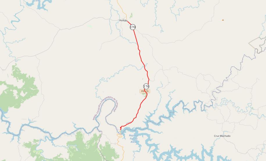 Mapa do trecho atendido da PR-170 em Pinhão