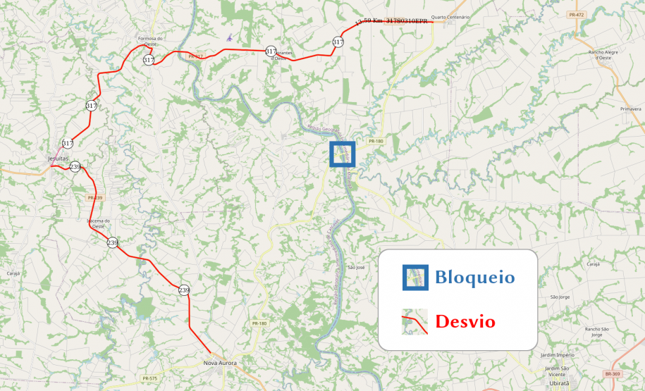Mapa indicando a ponte sobre o Rio Piquiri na PR-180 entre Nova Aurora e Quarto Centenário e desvio