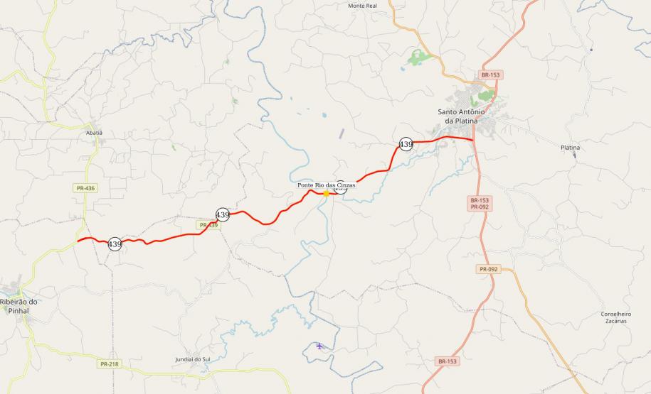 Mapa indicando local da Ponte Rio das Cinzas na PR-439